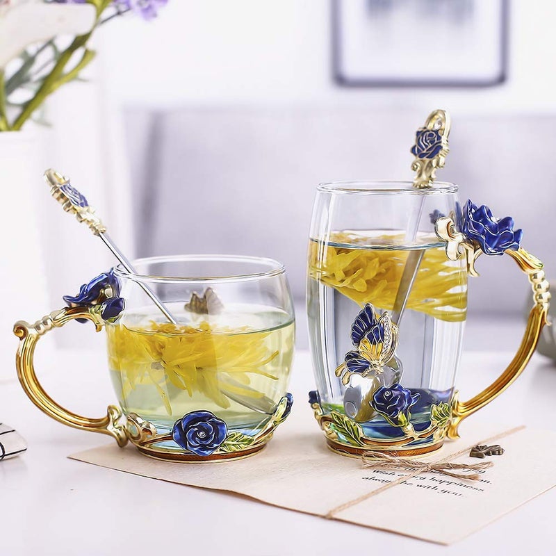 Luka Tech Enamels Butterfly flower Lead-free Glass Coffee Mugs Tea Cup with Steel Spoon, personalised Gifts For Women Wife Mom Friends Birthday Mothers Valentines Day Wedding (Blue) - Image 4